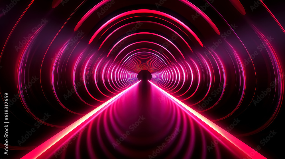 Bright red tunnel with luminous circles on black, in the style of sleek and stylized, rounded, dark black. Bright red tunnel with luminous circles on black, in the style of sleek and stylized, rounded, dark black.