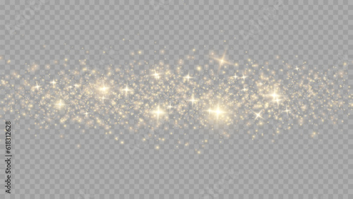 The dust sparks and golden stars shine with special light. Vector sparkles on a transparent background. . Stock royalty free vector illustration. PNG 