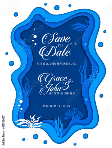 Wedding invitation. Sea paper cut landscape and seaweeds. Underwater deep life, aquarium or sea nature promo 3d vector leaflet. Wedding or marriage anniversary paper cut invitation card template