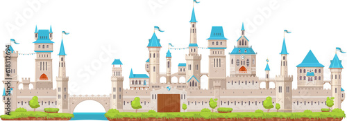 Medieval fortress castle. Knight stone fortress with gate, towers turrets, bridge and flags. Isolated cartoon vector antique building, middle ages architecture. Fantasy magic or fairytale royal house