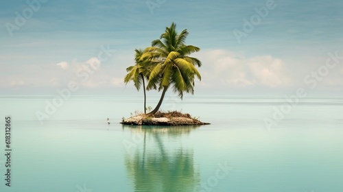 paradise island with palm trees on a calm shallow beach  in the background the sea  light sand and clear sky