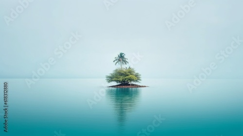 small island in the middle of the calm sea, with a palm tree, sky and blue water, reflections, peace and tranquility, zen © rodrigo