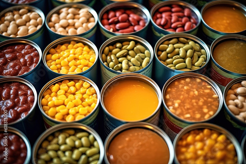 Canned food with beans, vegetables and peas