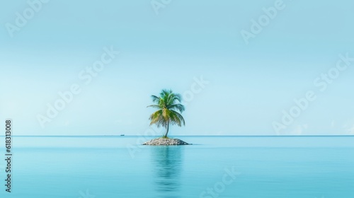 small island in the middle of the calm sea, with a palm tree, sky and blue water, reflections, peace and tranquility, zen