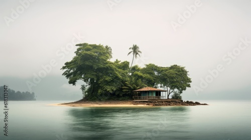 paradise island with palm trees on a calm shallow beach, in the background the sea, light sand and clear sky