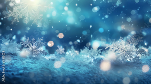 a background   cover illustration of snowflakes in perfect Bokeh light around Christmas  Generative AI 