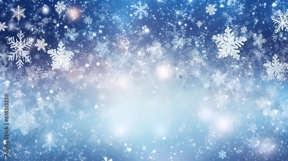 a background / cover illustration of snowflakes in perfect Bokeh light around Christmas, Generative AI 