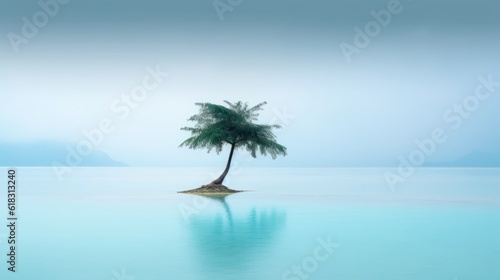 paradise island with palm trees on a calm shallow beach, in the background the sea, light sand and clear sky
