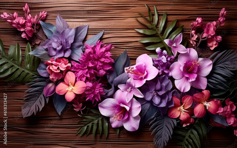 Bunch of flowering plants on a branch, in the style of tropical symbolism. Bunch of flowering plants on a branch, in the style of tropical symbolism.