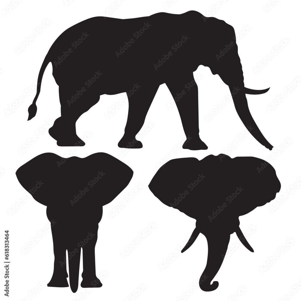 Elephant and elephant's head silhouette on white background Stock ...