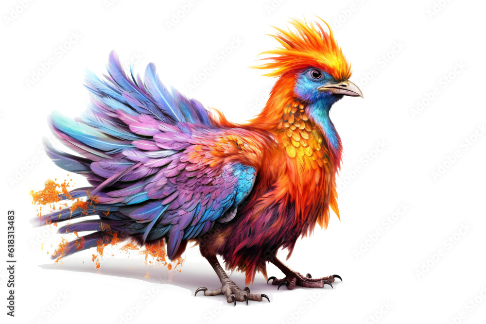 colorful fantasy bird with elaborate long feathers isolated against transparent background