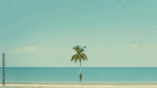 small island in the middle of the calm sea  with a palm tree  sky and blue water  reflections  peace and tranquility  zen