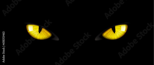 Black cat eyes, yellow glowing, intense, striking and mesmerizing panther pupils pierce through the darkness, evoking mystery, felines enigmatic power and enchantment. Vector Halloween background © Vector Tradition