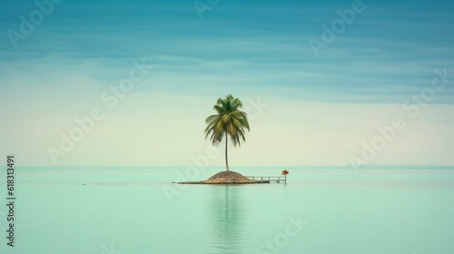 paradise island with palm trees on a calm shallow beach, in the background the sea, light sand and clear sky