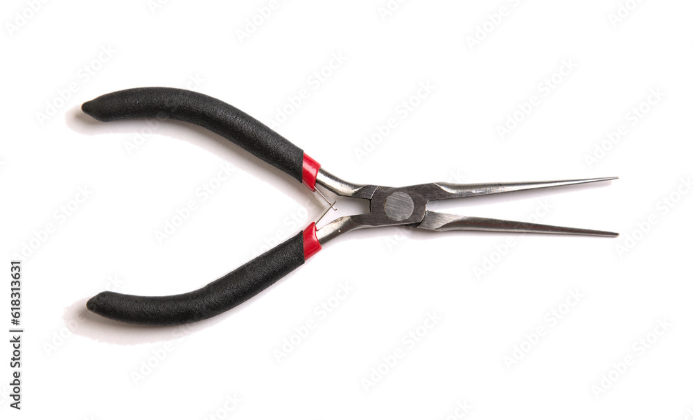 needle nose pliers (small, extra long) tool for jewelry, electronics, computer, wire repair and maintenance (isolated on white background, cut out) steel, metal, silver, black, portable needle nose pliers (small, extra long) tool for jewelry, electronics, computer, wire repair and maintenance (isolated on white background, cut out) steel, metal, silver, black, portable
