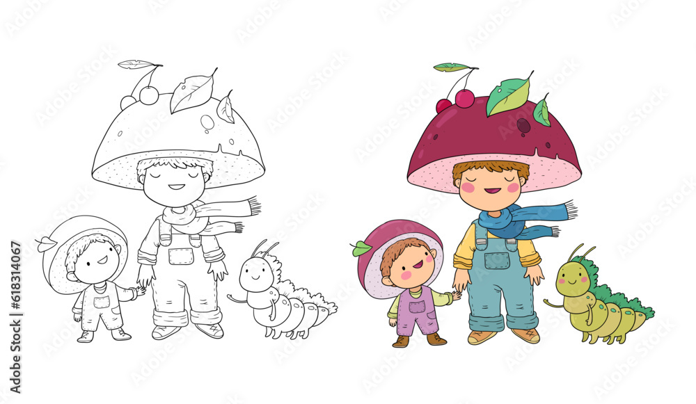 Cute cartoon gnomes ,his brother and caterpillar. Cheerful garden elves. Boys in carnival costumes. Illustration for coloring books. Monochrome and colored versions. Vector