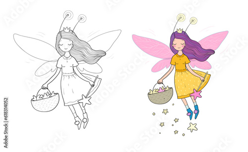 Cute cartoon fairy. Flower elf. Little girl with wings. Illustration for coloring books. Monochrome and colored versions.