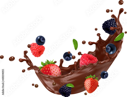 Realistic chocolate milk drink splash with berries creating tantalizing isolated 3d vector blend of rich flavors and vibrant colors. Indulge in the perfect combination of sweet and fruity refreshment