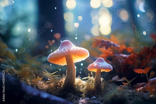 Fantasy enchanted fairy tale forest with magical Mushrooms. Beautiful macro shot of magic mushr