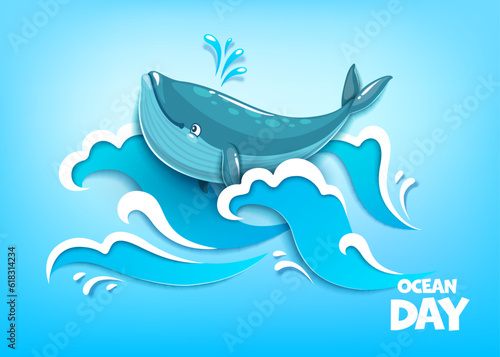 World oceans day. Whale and paper cut sea waves. Vector environmental poster, save nature and ecology protection event with marine blower animal in blue water splashing on 3d papercut foamy waves