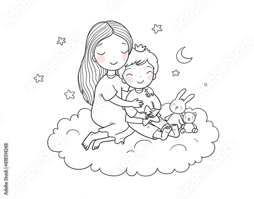 A woman and a child are sitting on a cloud. Mom and son. Brother and sister. The girl hugs the boy. Cute cartoon little prince. A happy family.