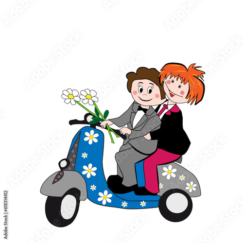 Pareja de novios felices montados en moto scooter con ramo de margaritas.