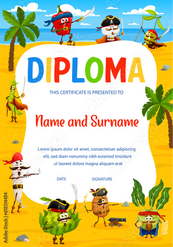 Kids diploma cartoon vegetable pirates and corsairs characters. Vector certificate with bell pepper, champignon, olive and bean. Radish, potato, kohlrabi and cabbage filibusters on island award frame