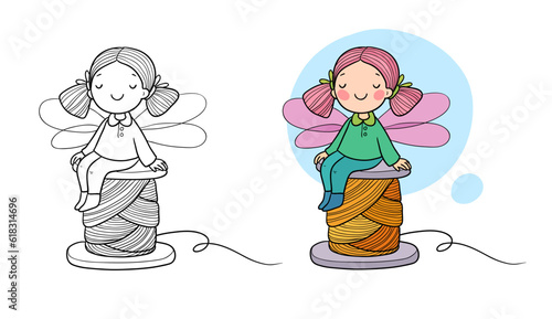 Cute cartoon house fairy. Funny elf. Little girl with wings. Coloring book page