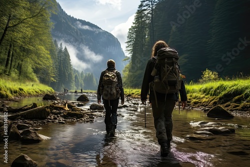 Young couple with backpacks walking in a mountain river in a valley