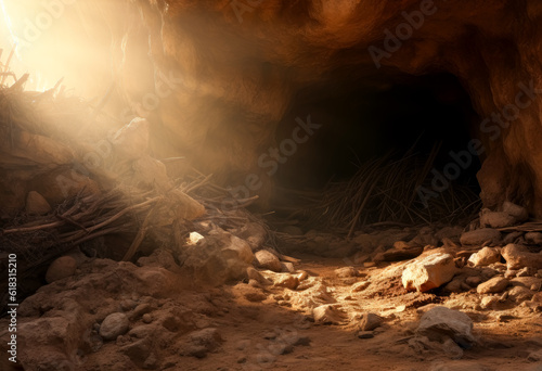 Light illuminating the cave of Jesus with sunlight.