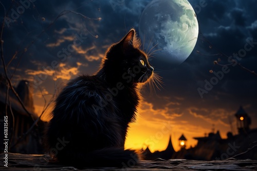 Black cat on the background of the moon in the style of drawing or illustration as symbol of superstition. AI generated