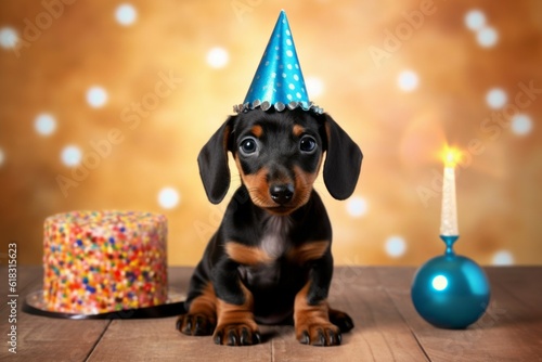 Cute dog in a birthday hat. Pet birthday concept. AI generated, human enhanced