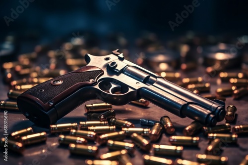 A pistol among the bullets on the concrete floor. Background with selective focus. AI generated, human enhanced