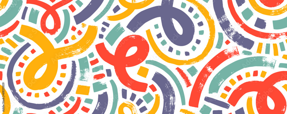 Multi colored squiggled bold lines with loops and dots seamless pattern ...