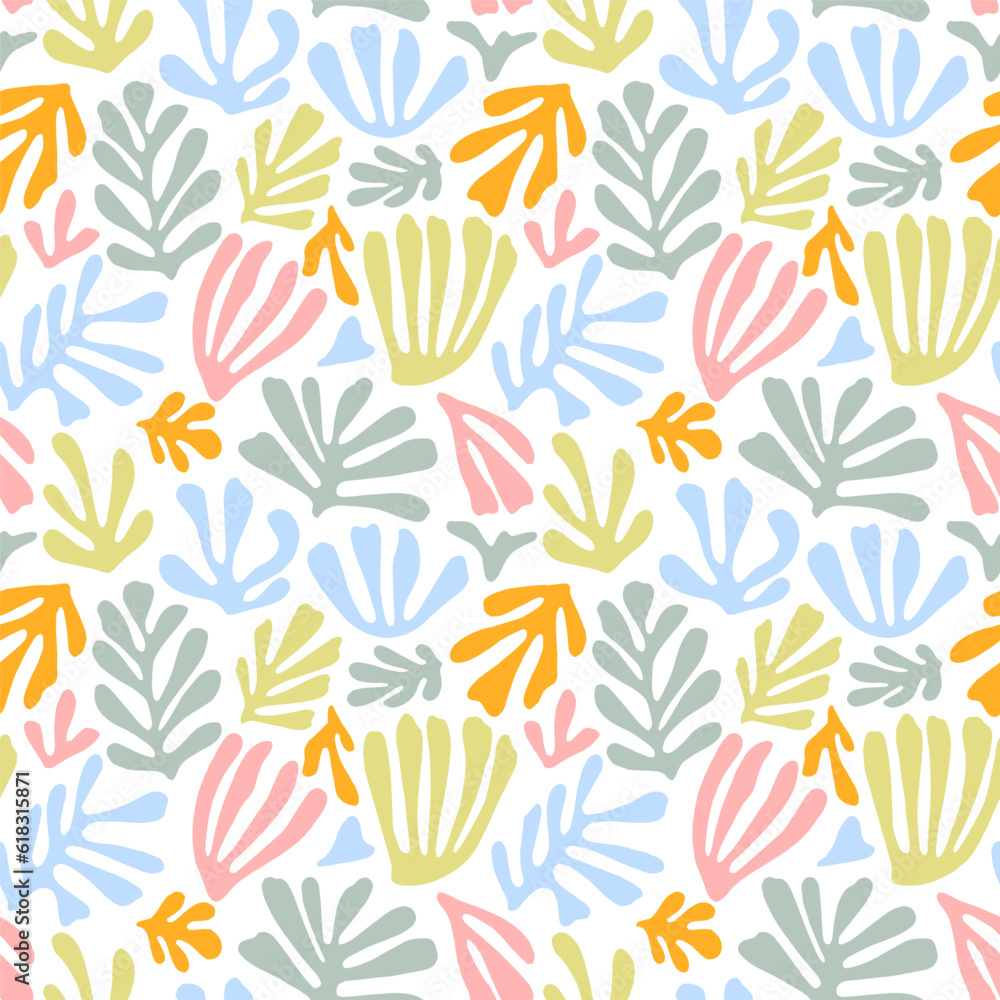 Hand drawn matisse inspired seamless pattern in pastel colors. Organic shape plant elements, simple branch silhouettes with leaves, algae. Contemporary organic shapes branches colored seamless pattern