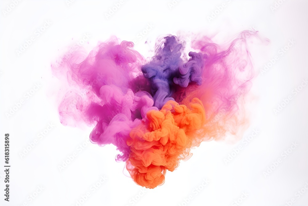 Heart-shaped smoke colorful, orange and purple smoke bombs isolated on white background, abstract colored, created with Generative AI technology.