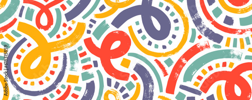 Multi colored squiggled bold lines with loops and dots seamless pattern. Abstract brush drawn curved lines colorful ornament. Loops and small dots. Grunge vector basic shapes, curved thick strokes.