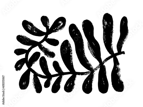 Matisse inspired branch with round leaves. Hand drawn organic naive style plant isolated on white background. Trendy contemporary natural element in rectangle shape. Vector black ink illustration.