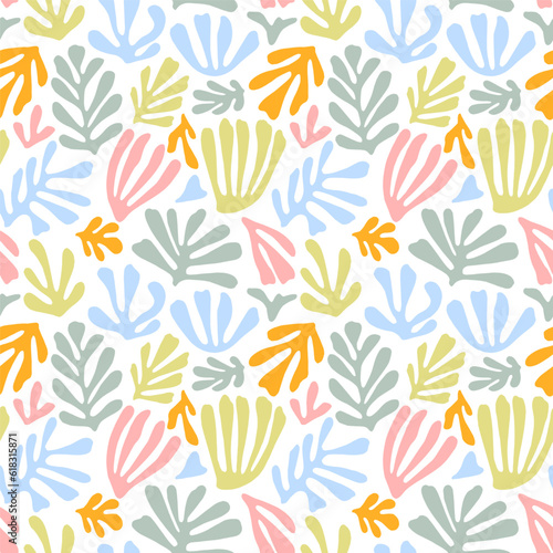 Hand drawn matisse inspired seamless pattern in pastel colors. Organic shape plant elements, simple branch silhouettes with leaves, algae. Contemporary organic shapes branches colored seamless pattern © Анастасия Гевко