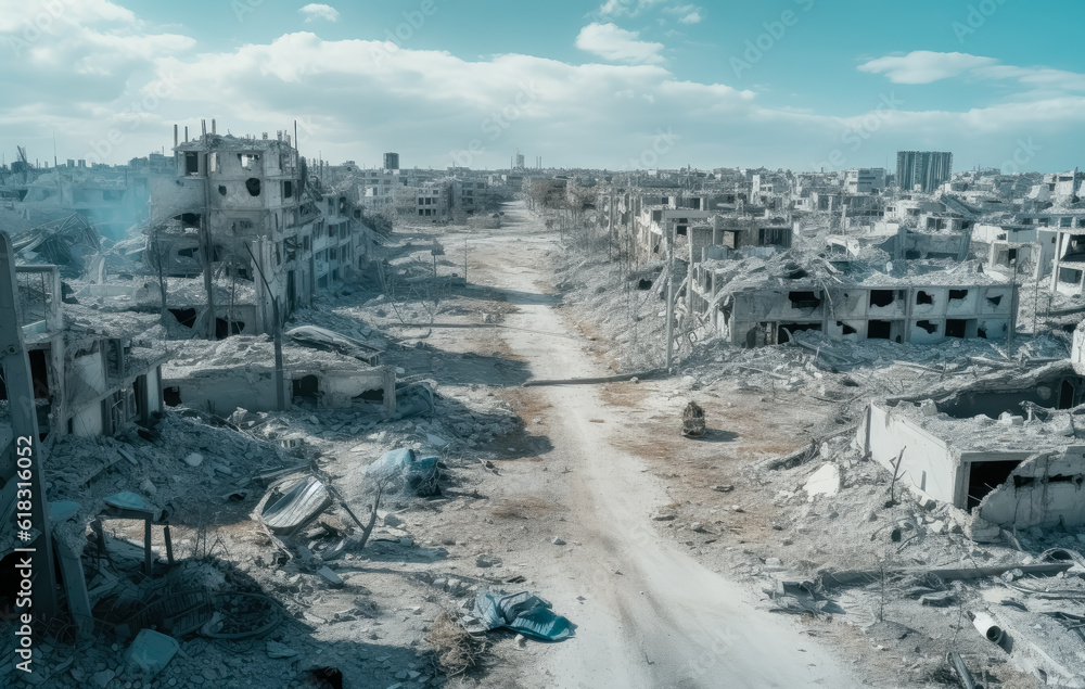 Aerial view of the city of Syria, Ukraine, war covered in rubble. 