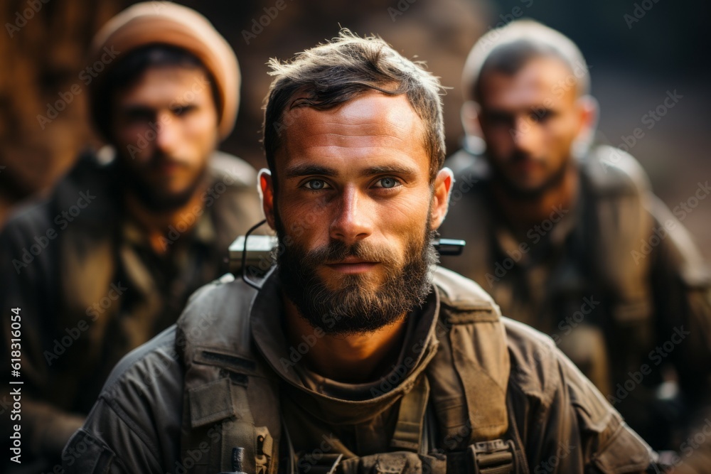 Portrait of a European army soldier in the ranks with selective focus. AI generated, human enhanced