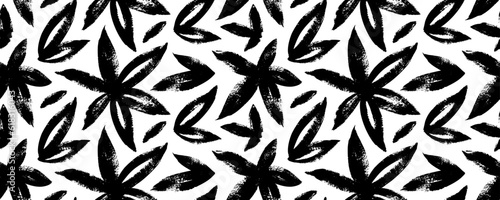 Seamless pattern with cannabis leaves. Brush drawn marijuana leaves, hemp motif seamless pattern. Vector cannabis background. Natural organic ornament with black branches, botanical elements.