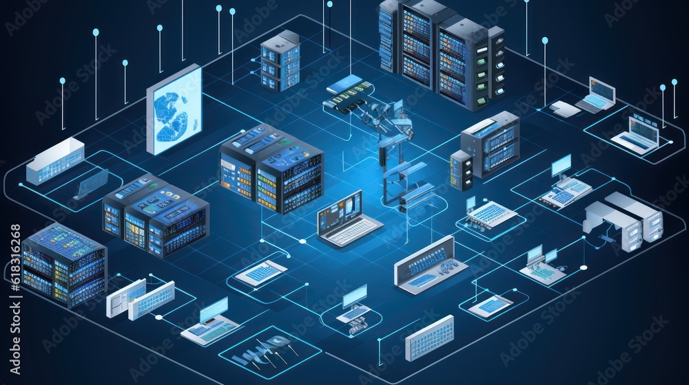 Comprehensive IT infrastructure setup, including servers, switches, routers, and structured cabling systems Comprehensive IT infrastructure setup, including servers, switches, routers, and structured cabling systems