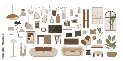 Modern loft living room vector isolated elements set. Stylish home decor in scandinavian style. Boho ethnic apartment in terracotta, pastel white and beige colors. Hygge lifestyle.