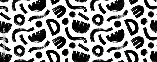 Geometric flowers seamless pattern. Brush drawn bold geometric shapes and floral motif. Abstract vector banner with bold curved lines, circles, dots and tulip bud shapes. Modern horizontal ornament.