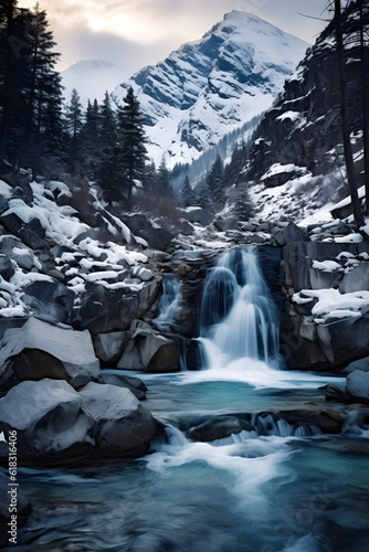 Rushing Waterfalls over Rocky Riverbed in Snowy Winter Forest and Mountains