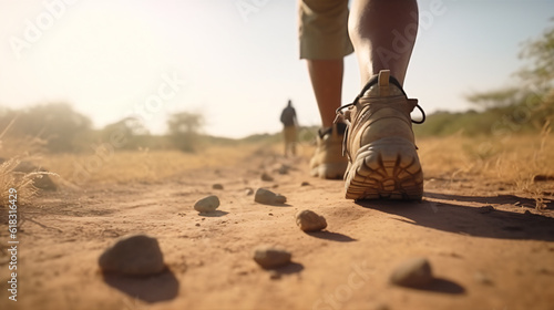 close up photo of feet walking with hiking boots