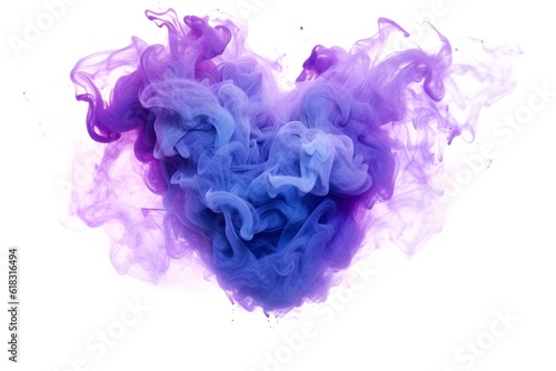 Heart-shaped smoke colorful, blue and purple smoke bombs isolated on white background, abstract colored, created with Generative AI technology. 