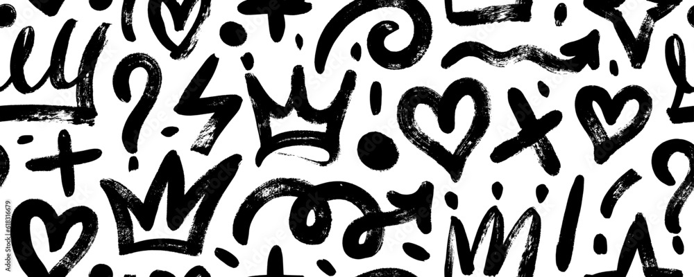 Brush drawn doodle shapes seamless pattern. Hearts, crowns, arrows, crosses, swirls and dots with dry brush texture. Banner background with trendy graffiti style elements. Hand drawn various shapes. - obrazy, fototapety, plakaty 