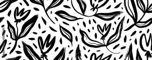 Abstract brush drawn tulip flowers with stems and dots. Seamless banner with hand drawn floral motif. Folk and childish style drawing. Naive seamless floral naive pattern with tulips in doodle style.